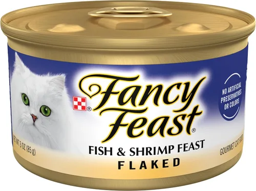 Vista 2 de Fancy Feast Comida húmeda gourmet para gatos, pescado y camarones, en hojuelas, lata de 3 onzas