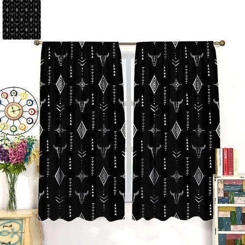 Vista 359 de Cortinas con patrón geométrico tribal, estilo suroeste, azteca, rústico, occidental, nativo americano, opacas, con bolsillo para barra, decoración