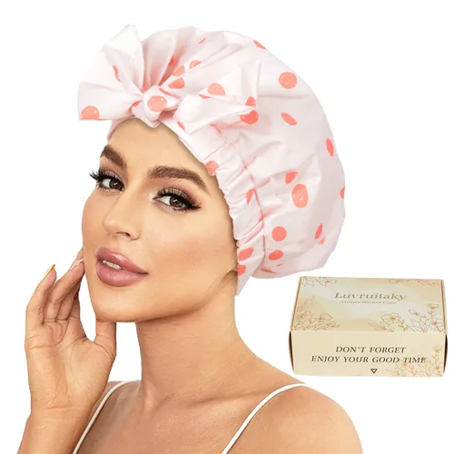 Vista 12 de 2 piezas de gorras de ducha para mujer, gorras de ducha reutilizables impermeables para el cabello con moño ajustable, lujosa gorra de baño para Rosa