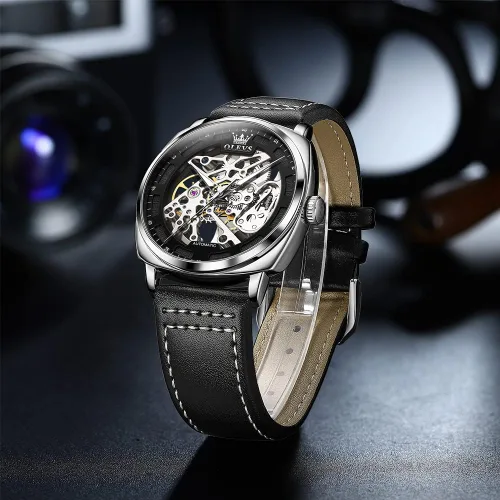 Vista 4 de OLEVS Relojes de esqueleto para hombre, reloj clásico de muñeca pequeña con esfera de diamante automático, reloj Tonneau impermeable retro cómodo