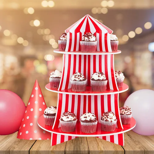 Vista 4 de Exhibidor de poliestireno de 3 niveles para bocadillos, diseño de carpa de circo, ideal para postres, cumpleaños y demás decoraciones