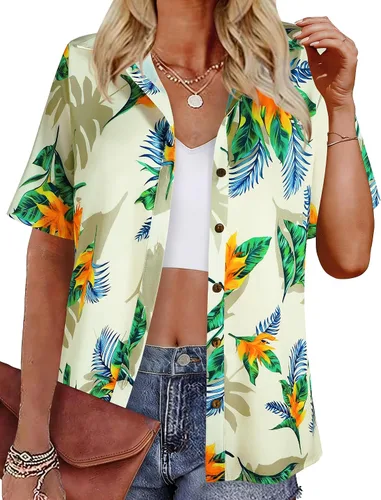 Vista 16 de LILYCHIC Camisas hawaianas de verano con botones de coco para mujer, camisas suaves con botones de manga corta A-hoja floral negra