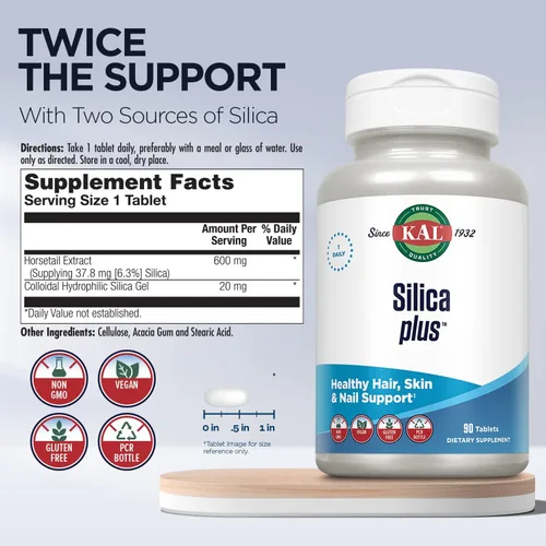 Vista 3 de KAL Silica Plus, Gel de Sílice con Extracto de Cola de Caballo, Apoyo para Cabello, Piel y Uñas Saludables, Máxima Absorción, Cabello Vibrante, Piel