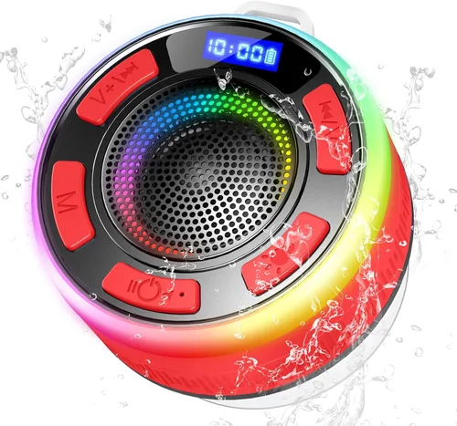 Vista 10 de Altavoz Bluetooth de ducha IPX7 impermeable, altavoces Bluetooth portátiles con ventosa y pantalla de tiempo, sonido de cristal y luz LED de graves