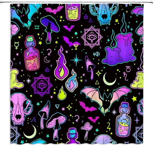 Vista 7 de GCTNBJL Cortina de ducha de Halloween para caravana, espeluznante alquimia bruja, tablero de ouija, murciélago, cráneo, hongo gótico, luna