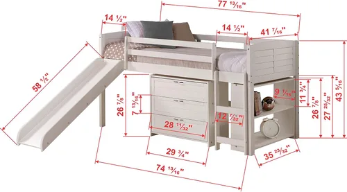 Vista 2 de Donco Kids Louver Twin Cama baja modular blanca con tobogán - Grupo C