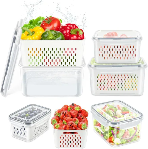 Vista 10 de TBMAXS Paquete de 4 recipientes de almacenamiento de alimentos para refrigerador con colador, herméticos, sin BPA, contenedor de plástico