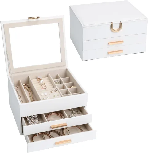 Vista 9 de Elegant Gift Jewelry Box with Mirror - 3-Layer Organizer for Earrings, Rings, Necklaces, Ready to Give for Birthday Anniversary Christmas Apricot