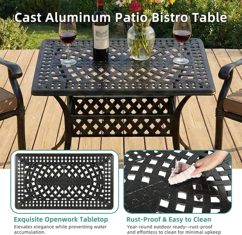 Vista 9 de MEETWARM Juego de 3 piezas de muebles de comedor de aluminio fundido para todo tipo de clima, incluye 2 sillas acolchadas y una mesa rectangular