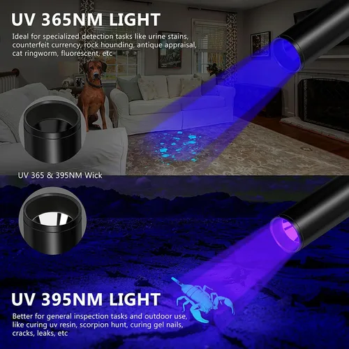 Vista 3 de Linterna UV 365nm y 395nm luz ultravioleta, mini luz negra recargable Negro