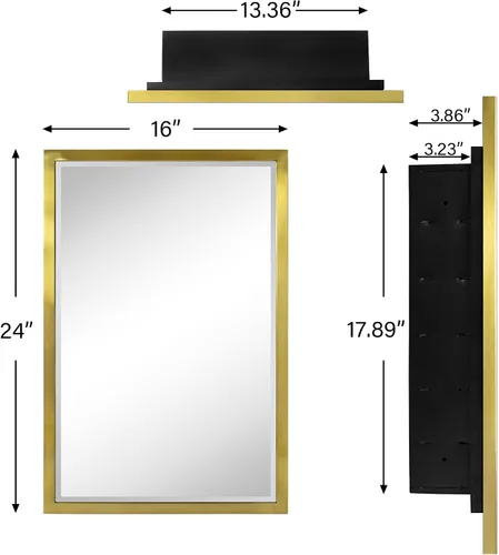 Vista 8 de TEHOME Botiquín de Medicina de Baño Empotrado con Marco de Metal Dorado con Espejo Biselado Rectangular Inclinable Espejos de Tocador para Pared 16