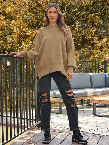 Vista 130 de Lillusory - Suéter extragrande con mangas de murciélago y cuello redondo para mujer, prenda moderna de otoño de tejido de punto sin botones
