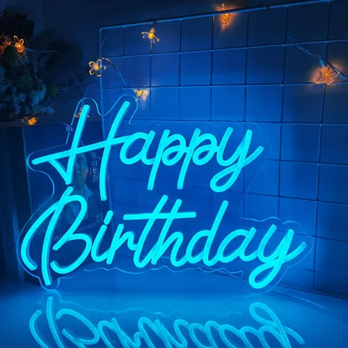 Vista 5 de Letrero de neón de feliz cumpleaños, reutilizable, luz nocturna LED de neón azul hielo, decoraciones de fiesta de cumpleaños, funciona con USB