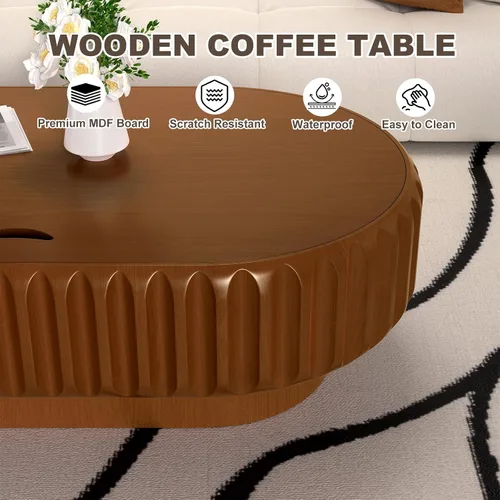 Vista 5 de Mesa auxiliar ovalada con almacenamiento, mesa de centro moderna acanalada de 43.3 pulgadas con tapa extraíble para sala de estar, mesa central