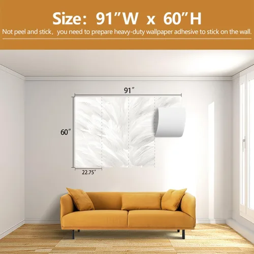 Vista 4 de Mural de Papel Pintado de Plumas Elegante Gris y Blanco para Sala de Estar Dormitorio (No se Pela ni se Pega) No despegar ni pegar