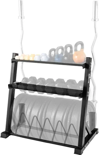 Vista 12 de Yes4All 6 clavijas y 4 estantes de almacenamiento de pesas que cargan hasta 1190 libras – soporte para árbol de pesas y barra montado en la pared