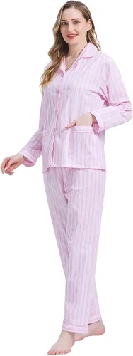Vista 4 de Amaxer Conjunto de pijama 100% algodón para mujer, de manga larga, suave, con botones, con cordón elástico