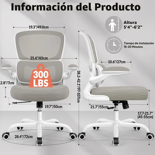 Vista 2 de BESTFAIR Silla de oficina ergonómica de malla, silla de escritorio de malla transpirable, soporte lumbar ajustable, reposabrazos abatibles, silla