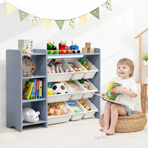 Vista 2 de MallBest Estante organizador de almacenamiento de juguetes para niños de 4 niveles, 100% madera maciza, armario de almacenamiento para niños con 9