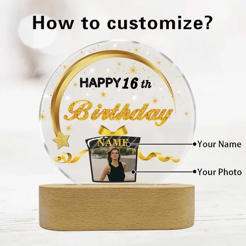 Vista 2 de Regalos de cumpleaños personalizados, lámpara de luz nocturna LED acrílica, placa de bola de cristal, nombre de foto personalizado, regalos