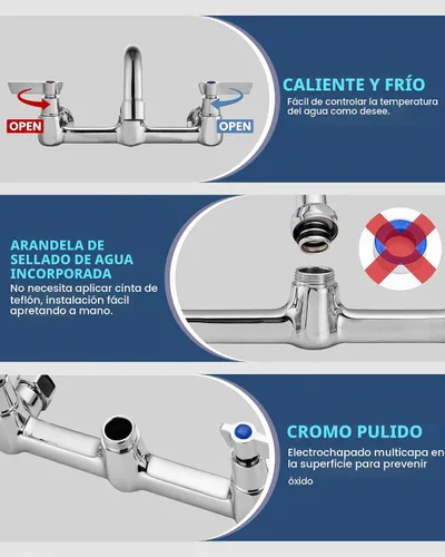 Vista 6 de Airuida Grifo de cocina comercial de montaje en pared, boquilla giratoria de 8 pulgadas, grifo de fregadero central de 8 pulgadas con asas dobles