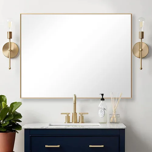 Vista 48 de 24x24 Inch Black Bathroom Mirror for Wall, Aluminum Frame Rectangle Rectangular Vanity Mirror, Modern Large for Bedroom, Living Room, Horizontal or