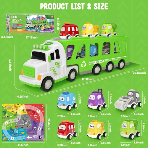 Vista 2 de Camión de juguete 7 en 1 para niños de 1, 2, 3, 4, 5 años, camión transportador ecológico de 17 pulgadas más largo con 6 bonitos autos y tapete