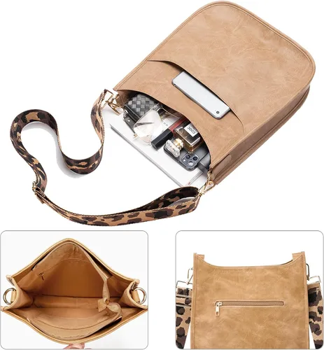 Vista 6 de Bolso bandolera retro de cuero vegano para mujer, con correa de hombro de leopardo romovable