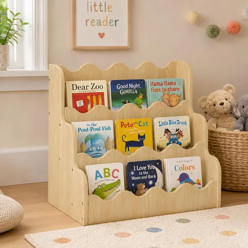 Vista 15 de NACHES Estantería Montessori de 4 niveles para niños, estante de madera con diseño festoneado, organizador de juguetes para guardería, dormitorio