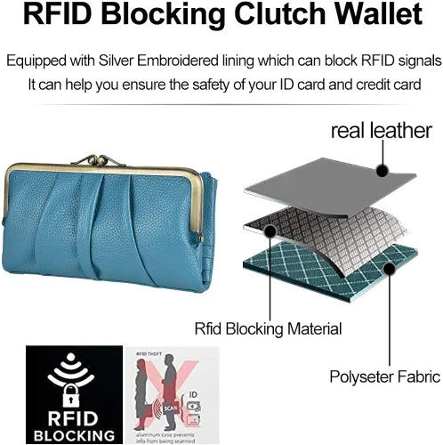 Vista 3 de Billetera de cuero suave para mujer, compacta plegable RFID, monedero con cremallera y cierre de beso