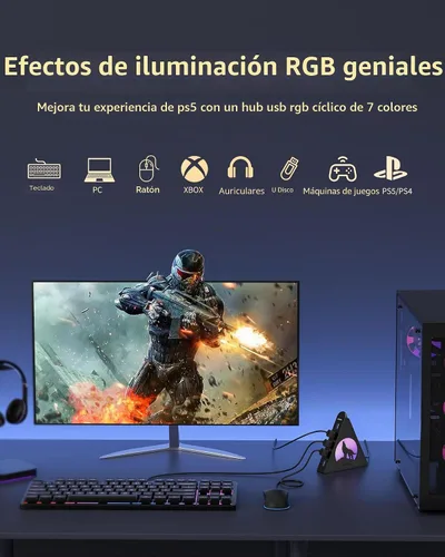 Vista 3 de Hub USB 3.0 de 7 puertos, divisor de USB vertical con iluminación RGB, transferencia de datos de alta velocidad de 5 Gbps y cable de extensión de 2