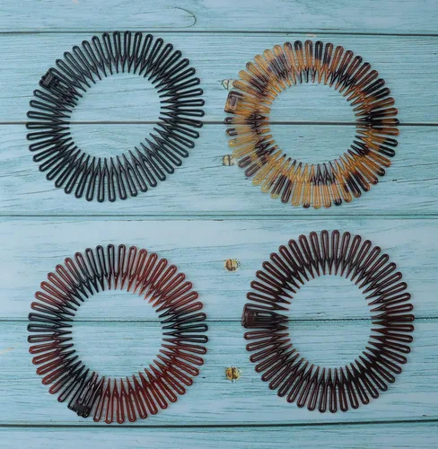 Vista 7 de Sowaka 4 piezas de peine elástico circular de plástico negro marrón círculo primavera diadema flexible soporte para el cabello peine para mujeres