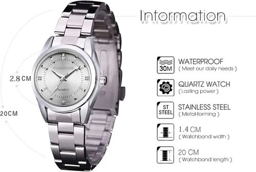 Vista 4 de Reloj analógico de cuarzo para mujer, con correa de acero inoxidable, resistente al agua, con números romanos y diamantes de imitación