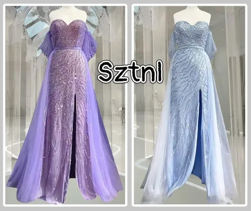 Vista 4 de Vestidos de fiesta de lentejuelas con hombros descubiertos, vestidos largos de baile de tul formal con abertura para fiesta de invitados de boda