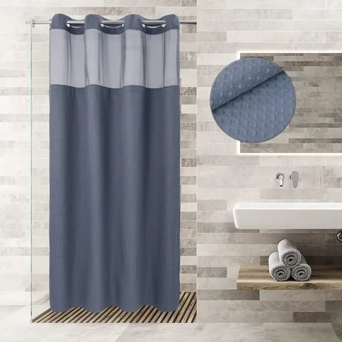 Vista 49 de Cortina de baño River Dream de gran peso sin ganchos necesarios con diseño de gofre punteado y forro a presión - 36W x 74H, de calidad hotelera