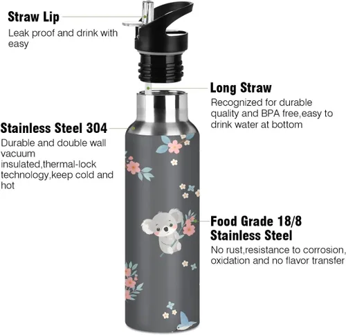 Vista 2 de Linda botella de agua de koala para niños, de acero inoxidable, con aislamiento al vacío, botella de boca de sandard con asa ancha #01