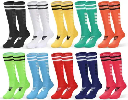 Vista 9 de 6 pares de calcetines elásticos de fútbol para niños, calcetines de tubo alto hasta la rodilla, coloridos calcetines de fútbol atlético para niños