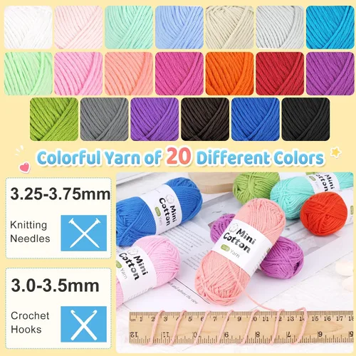 Vista 7 de Katech 20 Mini 1OO% Cotton Yarn for Crocheting, Twisted Sport Weight Yarn 20*25g(B)