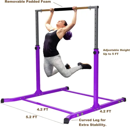 Vista 4 de Juego de barra de gimnasia expandible con barra de equilibrio, alfombrilla de 6 x 4 pies para niños, barra horizontal para entrenamiento de gimnasia