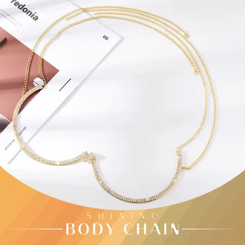 Vista 2 de Jeweky Cadena de cuerpo con diamantes de imitación dorados, soporte de pecho, cadenas de brasier, joyería para el cuerpo, bikini, discoteca