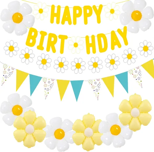 Vista 9 de Cartel de feliz cumpleaños con diseño de margarita para niños y adultos, decoración de fiesta de cumpleaños (azul + blanco)