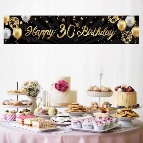 Vista 7 de Cartel de feliz cumpleaños 30 para hombres y mujeres, letrero de 30 años de edad de oro y negro con purpurina, suministros de decoración de fiesta