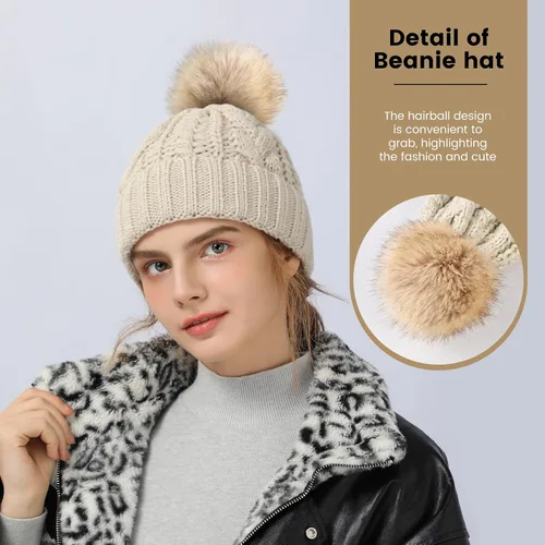Vista 4 de Avisky Womens Winter Knitted Beanie Hat with Faux Fur Winter Hats for Women Fur Pom Warm Knit Skull Cap Thick Beanie Hat