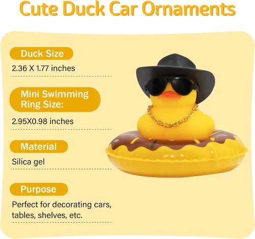 Vista 6 de wonuu Pato de goma para automóvil, decoración de pato amarillo con sombrero para el sol, anillo de natación, collar, gafas de sol para decoración