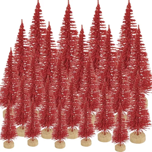 Vista 12 de 24 piezas de árboles de cepillo para botellas, decoración de Navidad, mini árbol de Navidad blanco con base de madera, árbol de pino de sisal