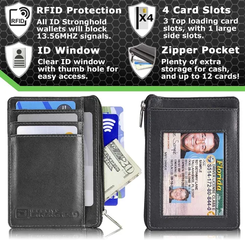 Vista 3 de ID STRONGHOLD - Cartera con bolsillo frontal RFID, mini, minimalista, delgada, de piel auténtica con cremallera, Negro