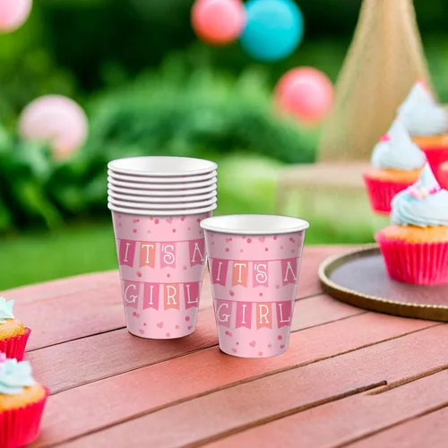 Vista 2 de Amscan Vasos de papel para fiesta, 9 onzas, paquete de 8, It's Girl, rosa