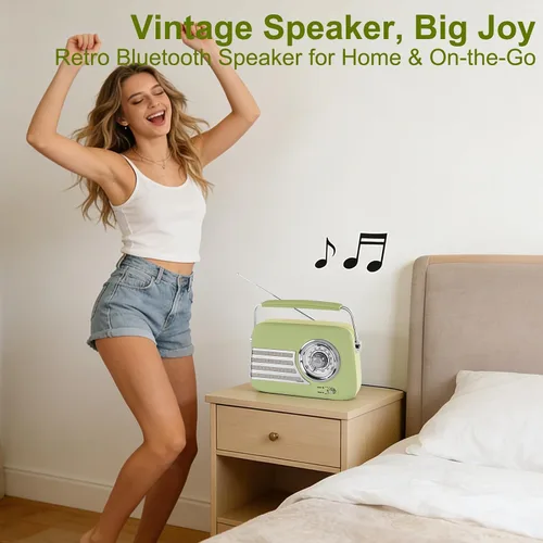 Vista 6 de Altavoz Bluetooth retro con radio FM, altavoz de radio portátil vintage, más de 20 horas de duración de la batería con antena telescópica, carga