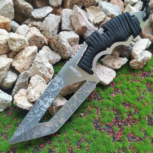 Vista 6 de Cuchillo de caza de hoja fija de 8.07 pulgadas con funda de nailon, cuchillo de supervivencia, cuchillo Bowie de espiga completa con mango