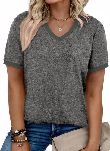Vista 43 de Eytino Blusas de talla grande para mujer, cuello en V, manga corta, a rayas, casual, holgada, con bolsillo (1X-5X)